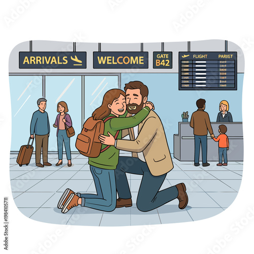 Man kneels to hug woman with backpack at airport arrivals gate