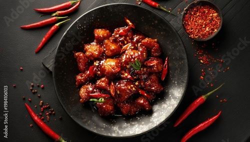 A vibrant overhead shot showcases a generous portion of sweet and spicy chili chicken served in a dark bowl, surrounded by fresh red chilies and a sprinkle of chili flakes.
