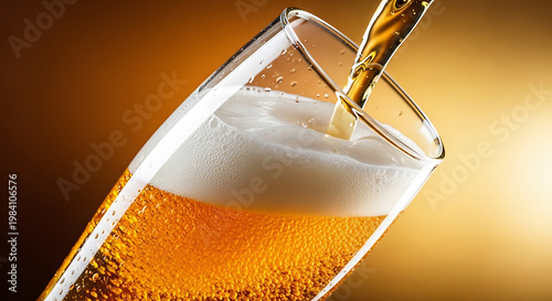 Beer pouring into a glass with foam on a golden background