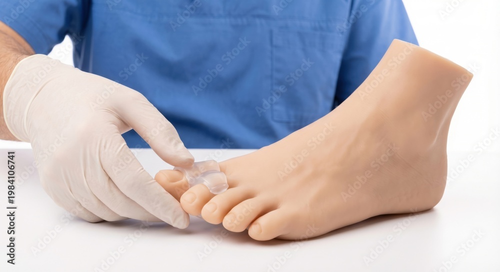 Fototapeta premium Doctor demonstrating soft gel toe separator on foot model