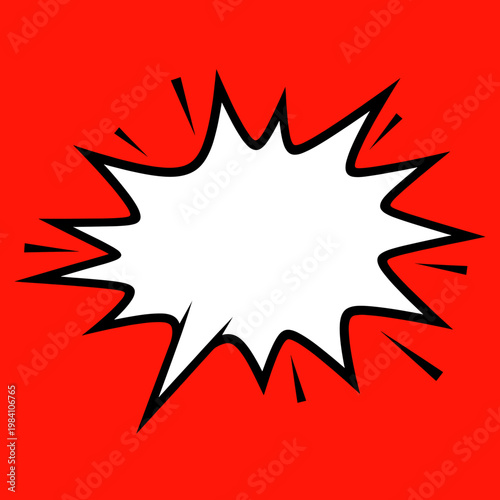 A vibrant red background with a classic comic book style white explosion or speech bubble graphic outlined in black.