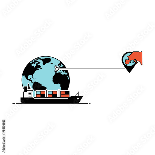 A cargo ship carrying containers is depicted sailing across a globe, with a line connecting to a map pin indicating a destination.