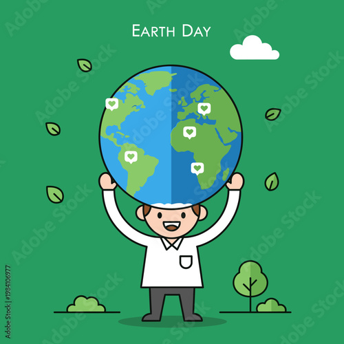 A cheerful cartoon man holds the Earth above his head, celebrating Earth Day with a green background and leaves.