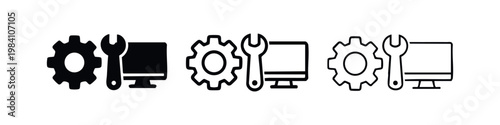 Computer Support and PC Repair Icon Set with Gear and Wrench Symbols