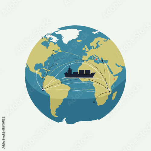 Global shipping network illustration with a cargo ship transporting containers across continents, symbolizing international trade and logistics.