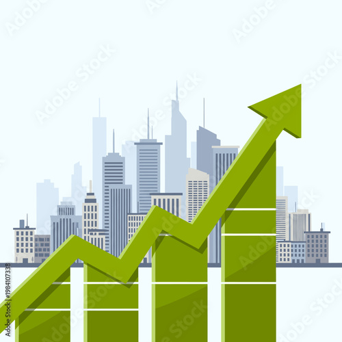 A green upward trending graph superimposed on a city skyline, symbolizing economic growth and progress.