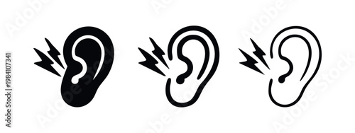Ear Pain or Tinnitus Icons Set - Solid, Outlined, and Hand-Drawn Style for Medical Symptoms