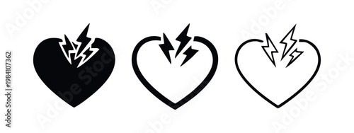 Broken Heart with Lightning Bolt Icons Set - Solid, Outlined, Hand-Drawn Style for Heartbreak