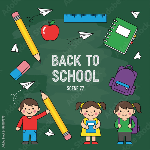 A vibrant cartoon illustration depicting a 'Back to School' theme on a green chalkboard, featuring school supplies like pencils, a backpack, notebook, apple, ruler, and three happy children.