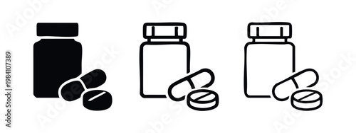 Medicine Bottle and Pills Icons Set - Solid, Outlined, and Hand-Drawn Style for Healthcare