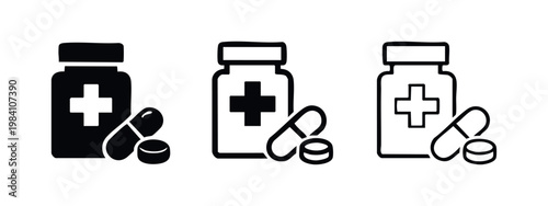 Medicine Bottle and Pills with Cross Icons Set - Solid, Outlined, Hand-Drawn Style for Pharmacy