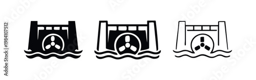 Hydroelectric Power Plant Dam with Turbine Icon Set. Renewable Energy and Green Electricity Symbol.