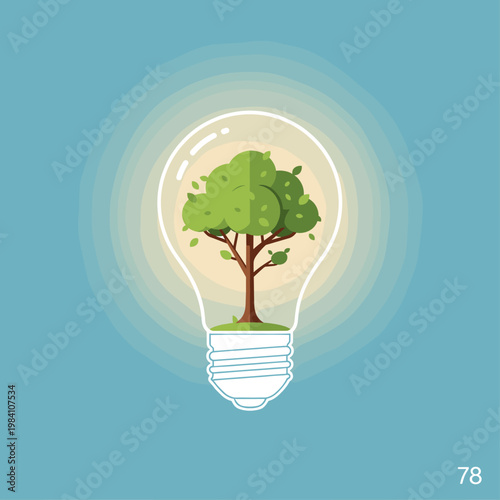 A vibrant green tree growing inside a glowing light bulb, symbolizing eco-friendly ideas and sustainable energy.