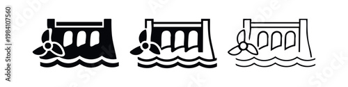 Hydroelectric Dam and Water Power Plant Icon Set. Renewable Energy Generation Symbol.