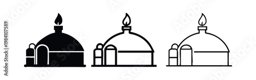 Industrial Factory with Flame Icon Set. Chemical Plant or Oil Refinery Symbol.