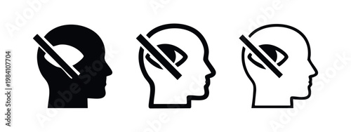 Deafness or unheard concept icon set, human head with crossed out ear in silhouette and outline styles