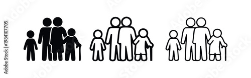 Multi-generational family icon set with adults, children, and elderly, black silhouette and outline styles