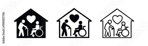 Loving home care for elderly and disabled icon set, black silhouette and outline variations with heart symbol