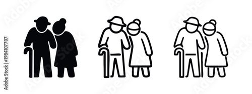 Elderly couple with walking sticks icon set, black silhouette and outline variations for senior life