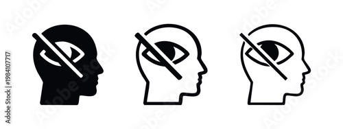 Blindness or unseen concept icon set, human head with crossed out eye in silhouette and outline styles