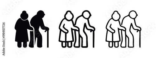 Frail elderly couple with walking sticks icon set, black silhouette and outline variations depicting old age