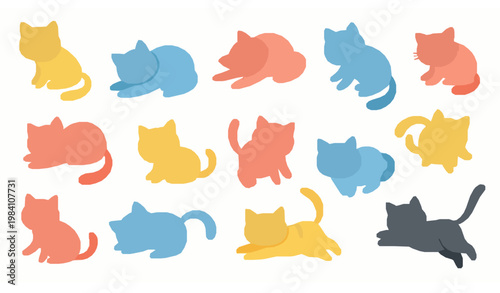 Colorful cute cat collection flat cartoon vector kittens in playful poses pet characters set