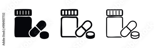 Pill bottle with capsules and tablets icon set, black silhouette and outline variations for pharmaceutical concepts