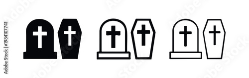 Gravestone and coffin icon set, funeral and death symbols in black silhouette and outline variations