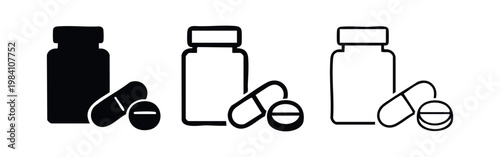 Pill bottle with capsules and tablet icon set, black silhouette and outline variations for pharmacy and health