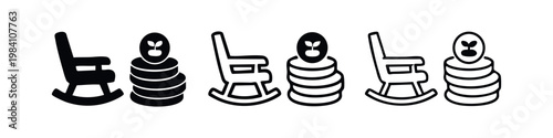 Childhood, growth, and future icon set. Vector illustration of a rocking chair and stacked rings with a plant symbol.