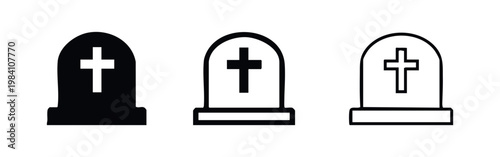 Gravestone with cross icon set, funeral and death symbols in black silhouette and outline variations