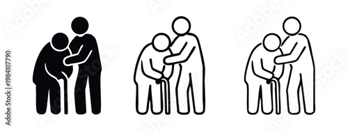 Caregiver assisting elderly person icon set. Vector illustration of support and help for seniors in various styles.
