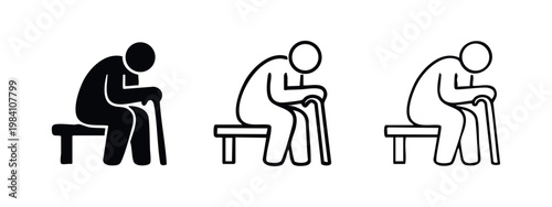 Lonely elderly person sitting on a bench icon set. Vector illustration of senior with a cane resting in different styles.