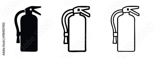 Fire extinguisher safety icon set. Vector illustration of firefighting equipment in glyph and outline styles.