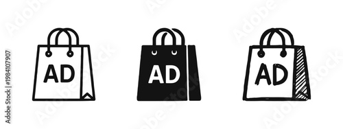 Advertisement Shopping Bag Icons with Outline, Glyph and Sketchy Styles