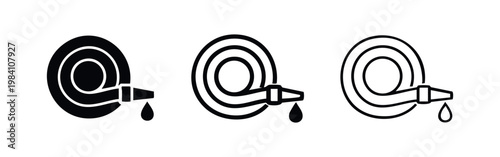 Fire hose with water drop icon set. Vector illustration of firefighting equipment.