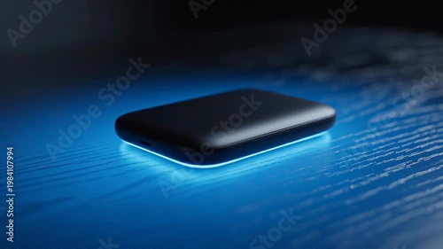 Wireless charger charging pad for smartphone mobile phone, blue light close up with blank screen on unbranded device, modern sleek design on dark desk