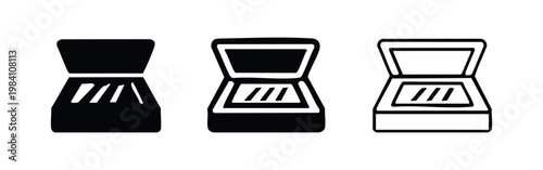 Scanner device icon set. Document scanning, digitalizing, and copying machine symbol.