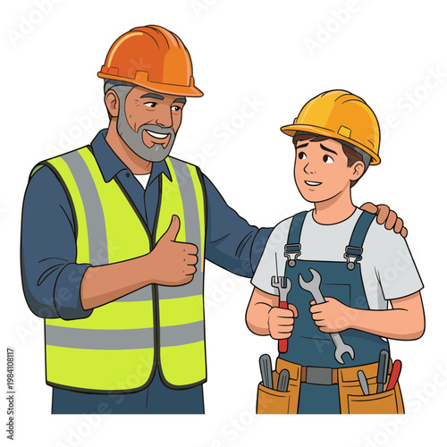 A smiling man in a hard hat and safety vest gives a thumbs-up to a young apprentice in a tool belt and hard hat.