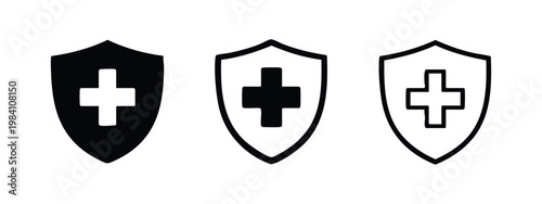 Medical health shield icon set. Healthcare, protection, and medical insurance symbol.