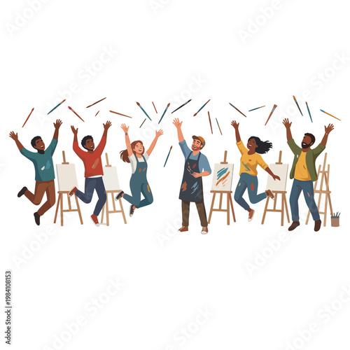 People celebrate with raised arms amidst colorful confetti and easels