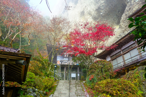 Stone steps to cliffside temple on Shikoku Henro with vivid red maple and misty mountain backdrop in Japan