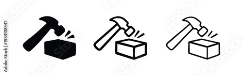 Hammer Striking Cube Icon Set - Construction and Work Symbol