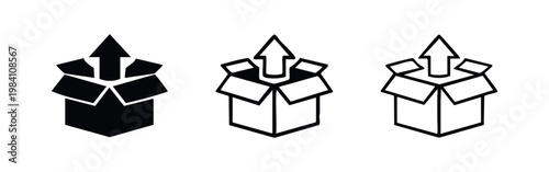 Open Box with Upward Arrow Icon Set - Upload, Export, or Unpacking Symbol