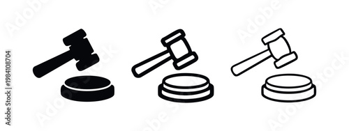 Gavel and Block Icon Set. Symbol of Law, Justice, Auction, and Authority in Legal Proceedings.