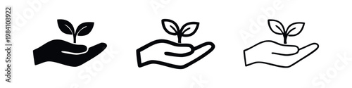 Hand holding seedling icon set. Growth, nature, and environmental protection symbol.