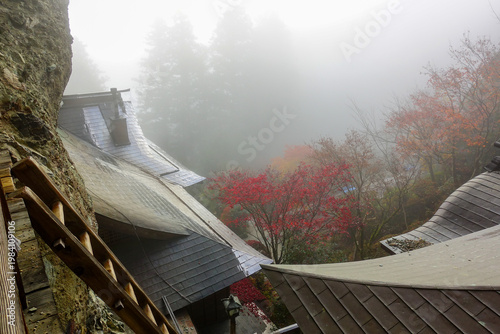 Misty temple rooftops on Shikoku Henro with autumn foliage and mountain forest in Japan