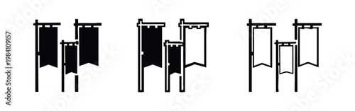 Medieval banners icon set. Ancient war flags or battle standards on poles, representing history and culture.