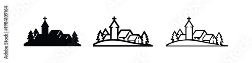 Church village landscape icon set. Rural town with chapel and trees, perfect for religious or community themes.