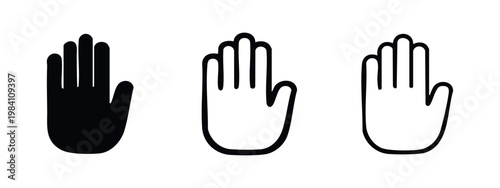 Set of three hand icons: solid, outline, and sketched styles